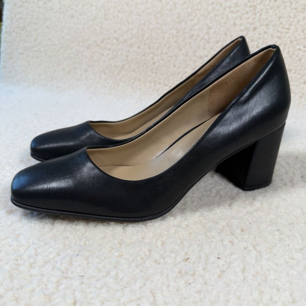 Naturalizer Black Leather Warner Square Toe Block Heel Pump Size 7.5 Comfort